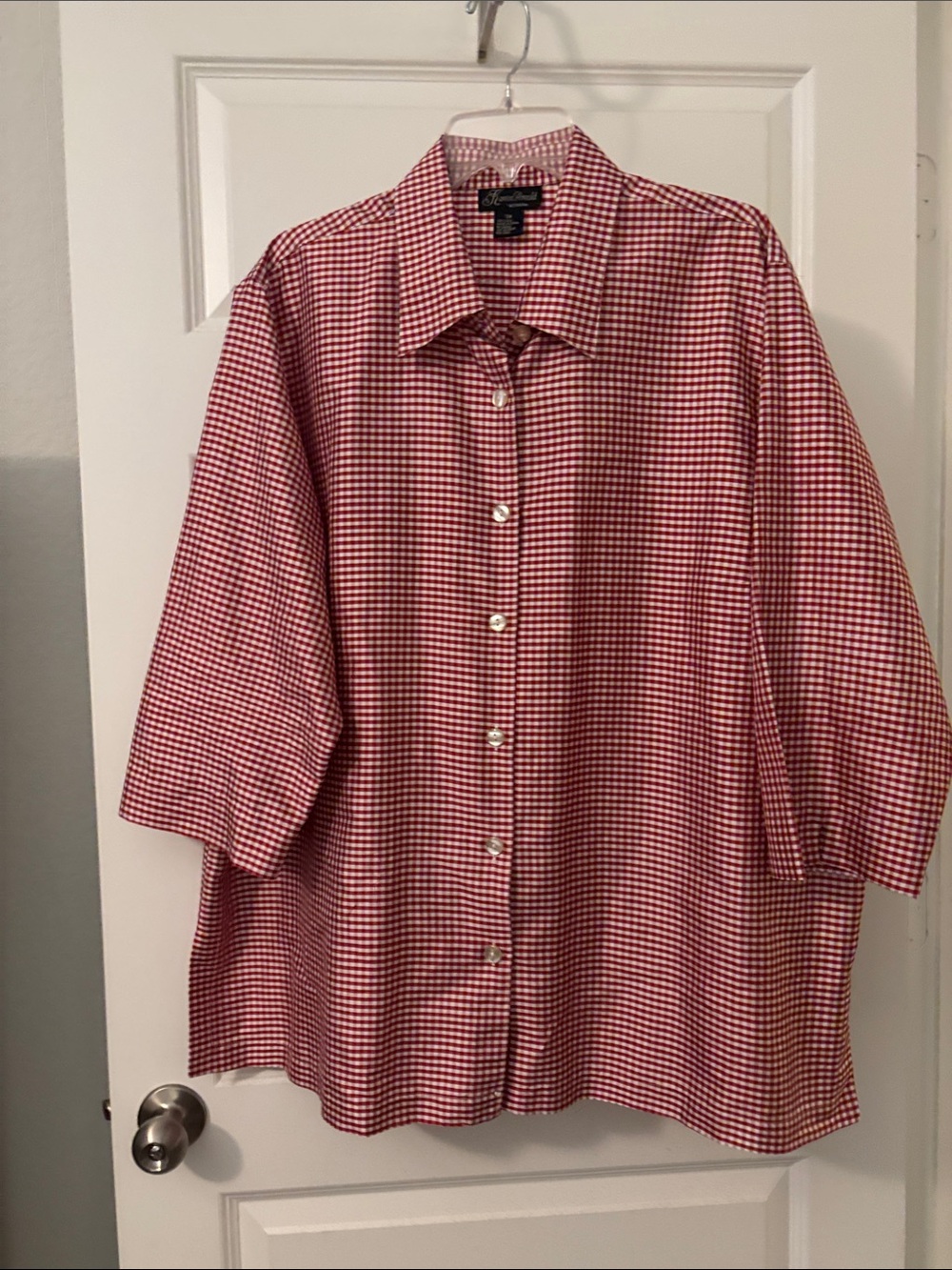 VTG Karen Arnold Red & White Gingham Button-Down Shirt SZ 3X 100% Silk oversized
